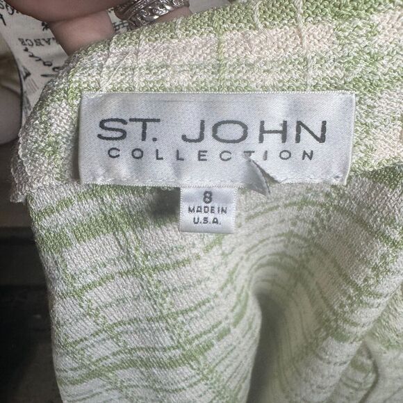 St. John Collection Green Knit Tweed Blazer Jacket Fringe Hem Single Clasp Sz 8 - Picture 8 of 12